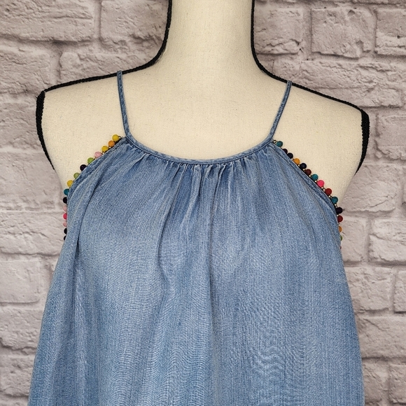 Altar'd State Top Blue Chambray Spaghetti Straps Multicolor Pompoms Swing Size L - Picture 3 of 8